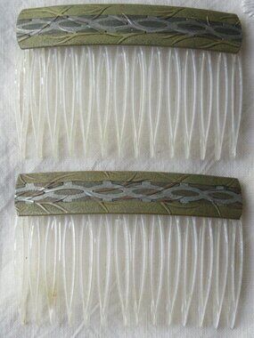 2 piece set Rare Vintage Brass Metal and Plastic Hair Combs
